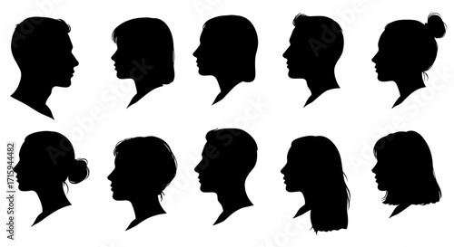 Silhouette side profiles of diverse people in various hairstyles