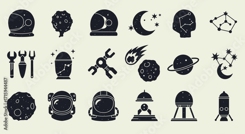 Space icons set: astronauts, planets, and celestial objects in flat silhouette style