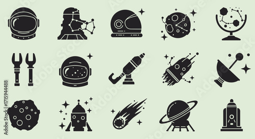Futuristic space icons set featuring astronauts, helmets, and celestial bodies in silhouette style