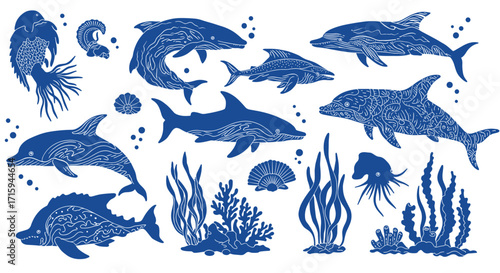 Intricate marine life silhouette of dolphins, sharks, and fish with ocean elements in blue