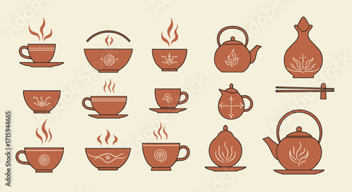 Elegant collection of linear teapots, cups, and kettles with abstract steam designs