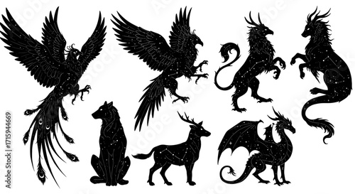 Mythical creatures silhouettes: majestic beasts and legendary animals