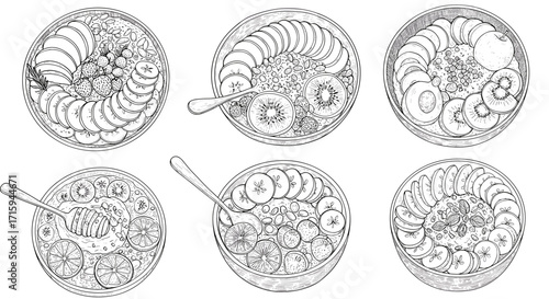 Hand drawn fruit bowls featuring bananas, kiwis, and citrus with yogurt and granola