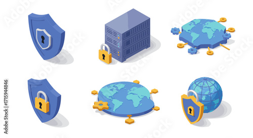 Isometric cybersecurity and global networking icons set with shields and servers