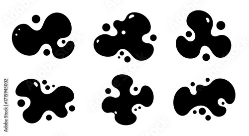 Abstract liquid shapes: modern black splatter designs on white background