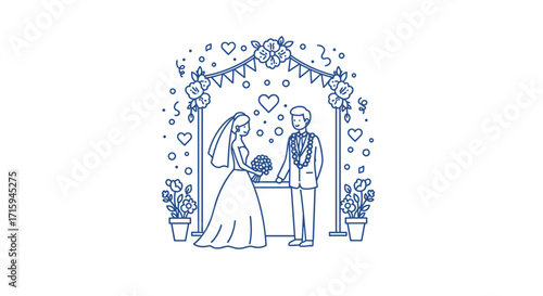 Romantic linear wedding scene with bride and groom under floral arch