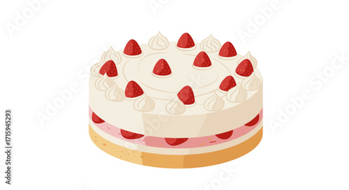Delicious strawberry cream cake with whipped topping on white background