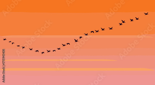 Silhouette of birds flying in v formation against vibrant sunset sky