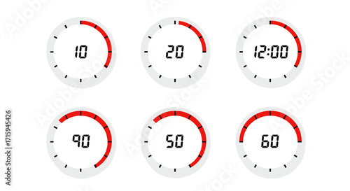 Digital countdown timers with varied segmented progress displays