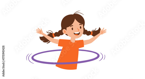 Cheerful cartoon child playing with hula hoop in motion