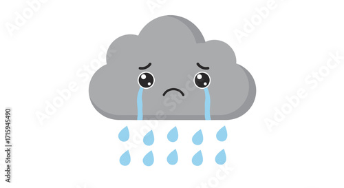 Cute crying cloud with raindrops in kawaii style