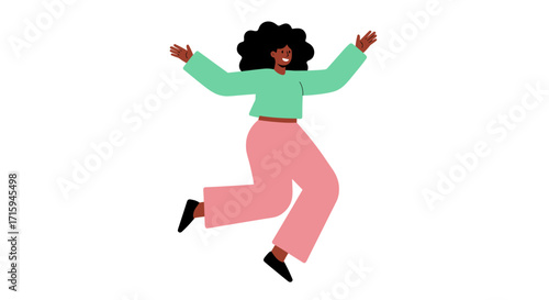 Cheerful woman jumping in joyful pose, flat design