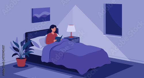 Cozy bedroom scene with woman reading before bedtime in minimalist style