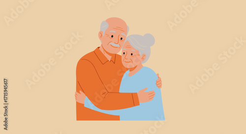 Heartwarming illustration of an elderly couple embracing
