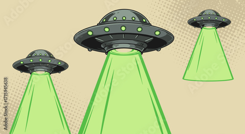 Retro comic style ufos with green beams on pop art background