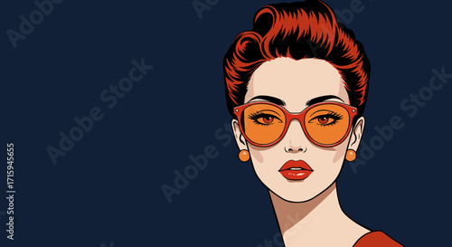 Elegant woman in vintage pop art style with red hair and glasses on dark background