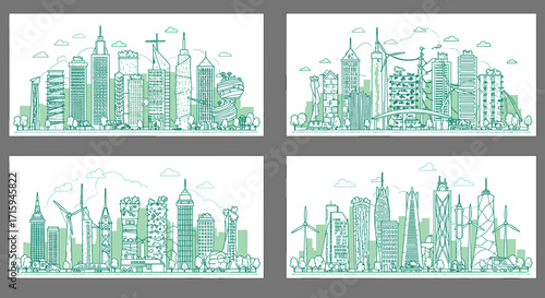 Green linear cityscapes featuring modern architecture and sustainable energy design