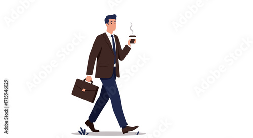 Confident businessman walking with coffee and briefcase in flat design