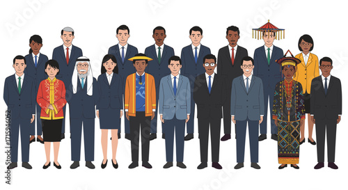 Diverse group of professionals in business attire and traditional outfits