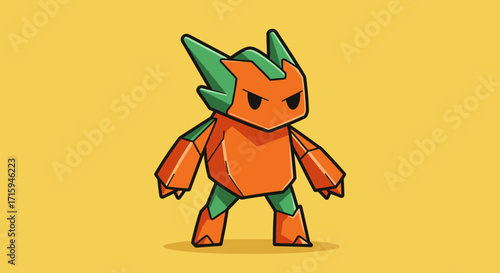 Cute cartoon robot with spiky green and orange design on yellow background