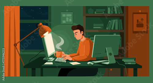 Nighttime home office workspace with person typing next to desktop and warm lighting