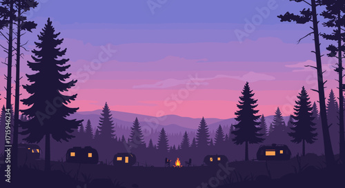 Silhouette forest camping scene at dusk with campfire and trailers