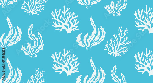 Seamless coral pattern with white silhouettes on blue background
