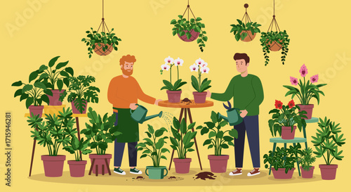 Gardening duo watering plants in indoor garden setting