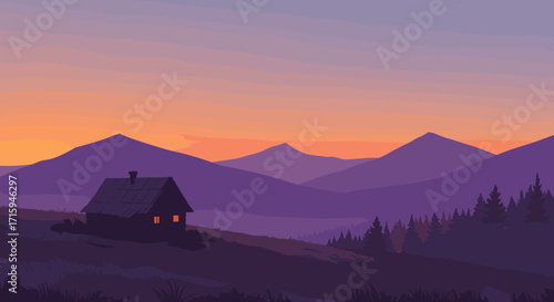 Peaceful mountain cabin at sunset in serene wilderness landscape