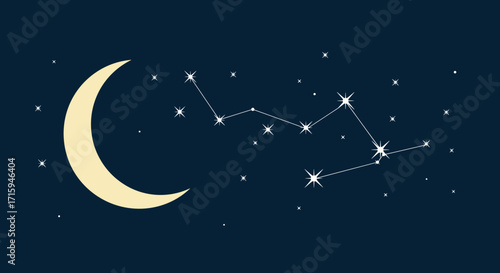 Crescent moon and constellation on starry night sky in flat design