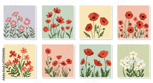 Colorful botanical art collection featuring vibrant floral designs in modern flat style