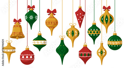 Festive hanging christmas ornaments with red and green patterns