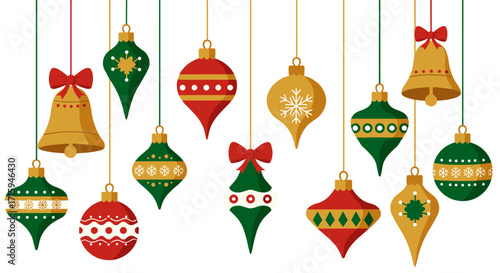 Festive hanging christmas ornaments in green red gold with bows and snowflakes