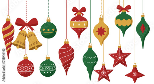 Festive hanging ornaments in red and green for holiday decorations