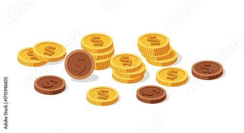 Isometric gold and bronze coins on white background for business concepts