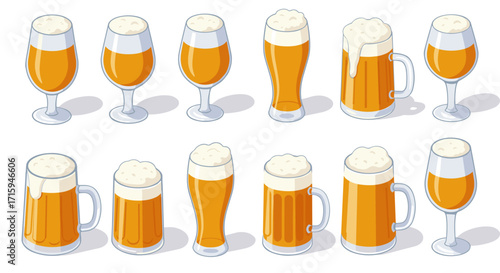 Isometric beer glasses collection: diverse styles and foamy details