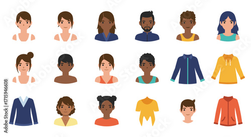 Diverse people and clothing icons in flat design style