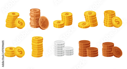 Colorful coin stacks in isometric style: gold, silver, bronze
