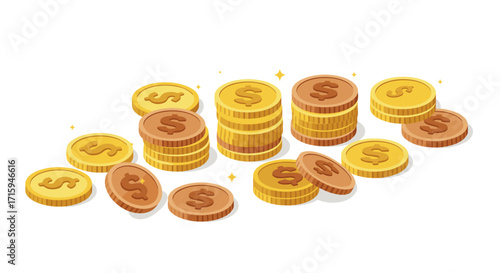 Vibrant isometric coins display with shiny gold and bronze currency symbols