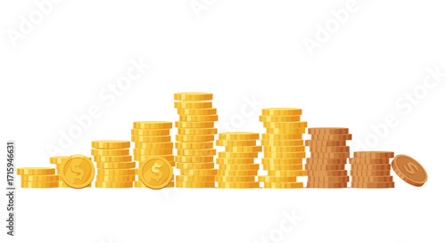 Stacks of gold and copper coins arranged in increasing order on white background