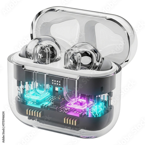 Transparent Wireless Earbuds with Glowing Circuitry: High-Tech Audio Product Showcase