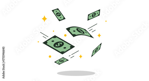 Floating dollar bills and sparkles in minimalist style