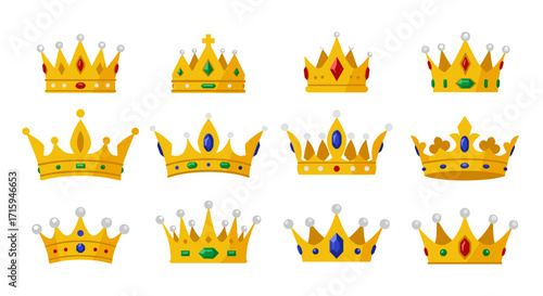 Diverse collection of golden crowns with jewels on white background