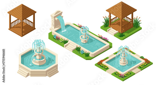 Isometric garden elements with gazebo and fountain design