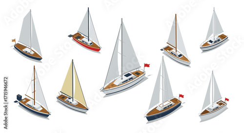 Isometric sailboats collection on white background with various designs