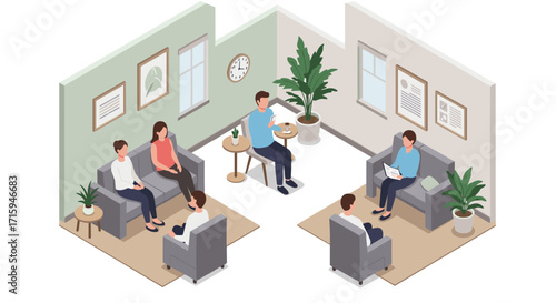 Isometric therapy session: modern counseling room with patients and therapist