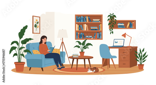 Cozy living room with study area and indoor plants