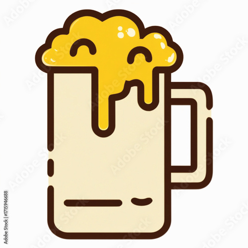 A cartoon illustration of a frothy beer mug overflowing with golden foam, depicted in a simple, graphic style with bold outlines.