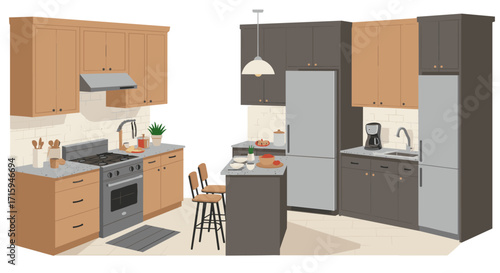 Modern kitchen interior with brown and gray cabinets in an isometric design