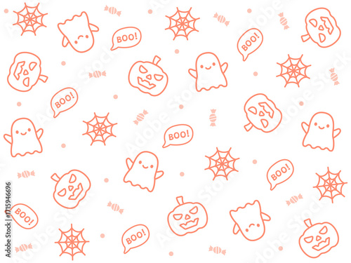 Halloween outline pattern with cute "Boo" ghosts, pumpkins, spider webs, and candies on white background. Perfect for greeting cards, stickers, or Halloween invites.